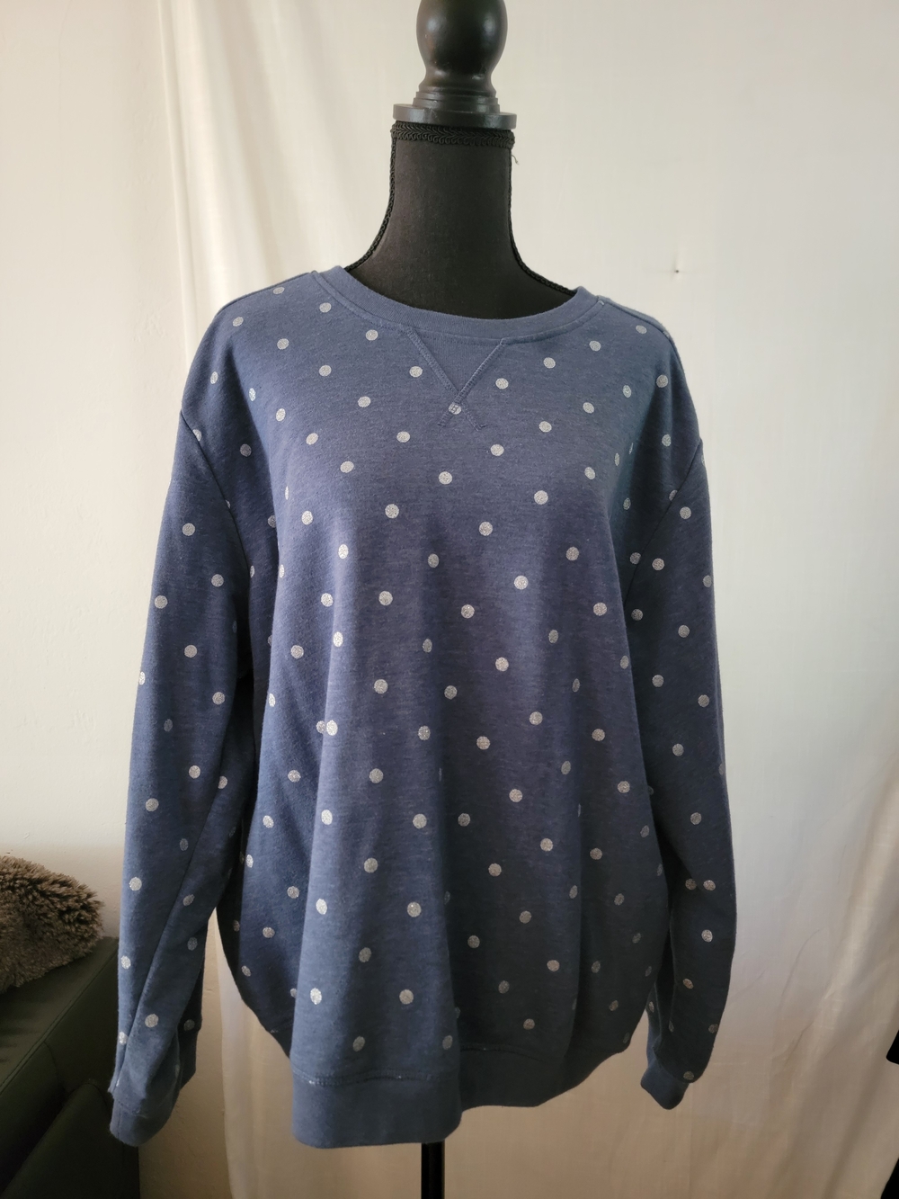 Karen Scott Navy Crewneck Sweater with White Polka Dots/XL